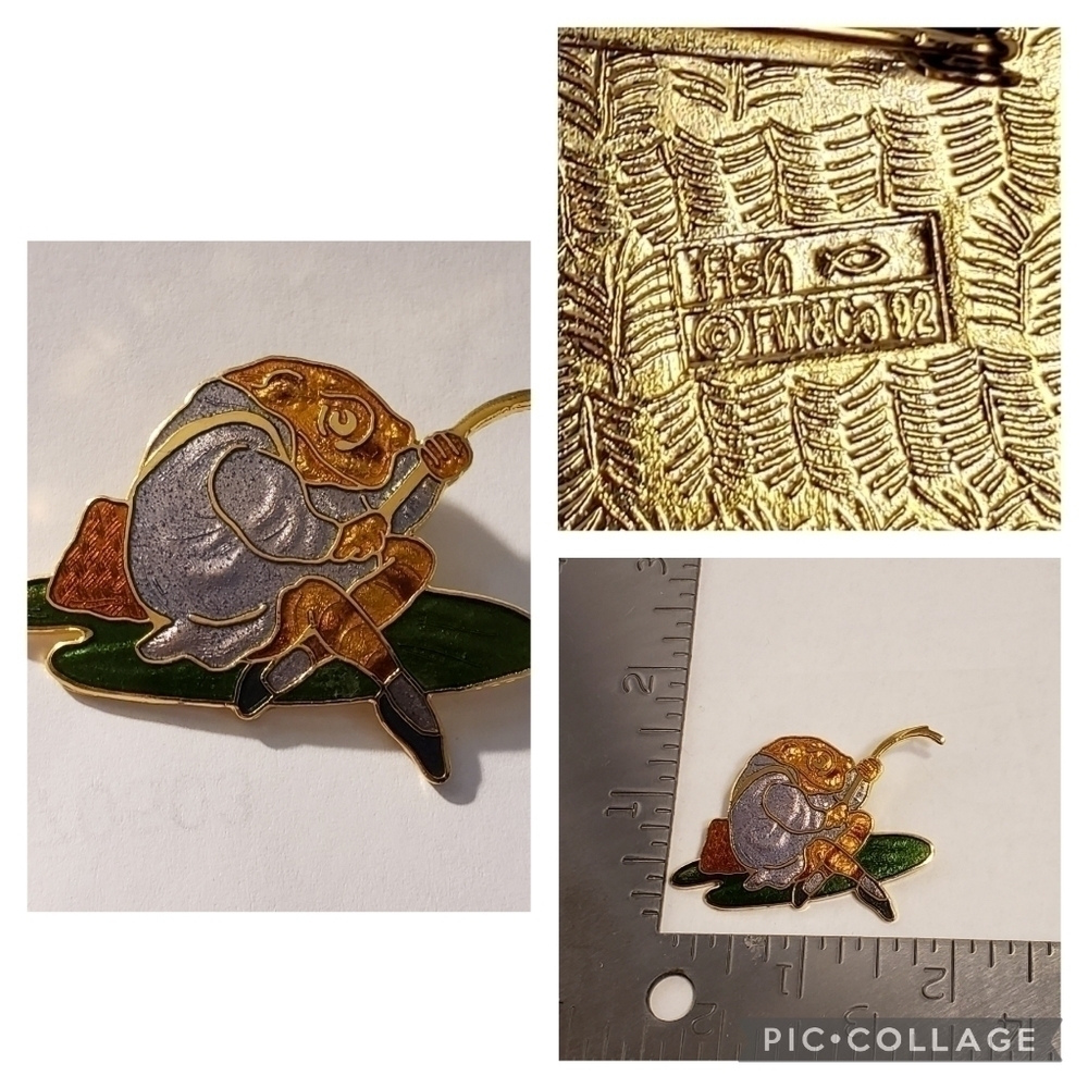 Vintage Toad on Lily Pad FW & CO 92 Cloisonne Pin Brooch Frog
